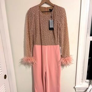 NWT Pink Nadine Merabi Sequin Jumpsuit with Feathers